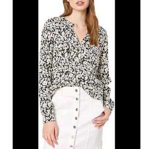 LUCKY BRAND Button Up Pintuck Black White Floral Women's Long Sleeve Top M